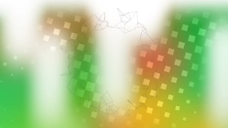 Abstrakte-Geometrische-Formen,-Die-Sich-Vor-Einem-Quadratischen-Musterdesign-Auf-Grünem-Hintergrund-Mit-Farbverlauf-Drehen