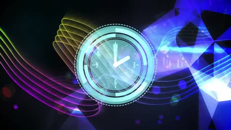 Animation-of-clock-over-disco-lights-and-colorful-lines