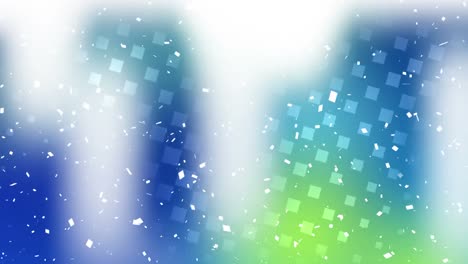 White-confetti-over-multiple-square-shape-pattern-design-on-blue-and-green-gradient-background