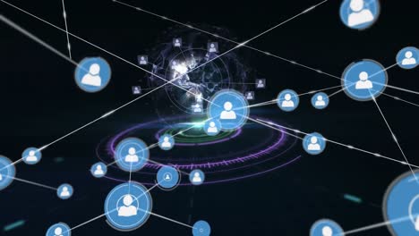 Netzwerk-Von-Profilsymbolen-Vor-Rotierendem-Globus-über-Rundem-Scanner-Auf-Schwarzem-Hintergrund