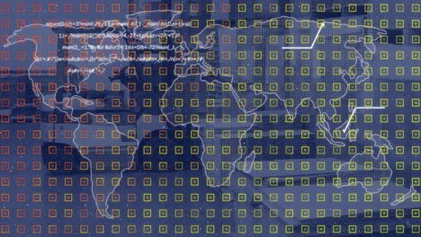 Animation-of-data-processing-with-pattern-over-world-map-in-background