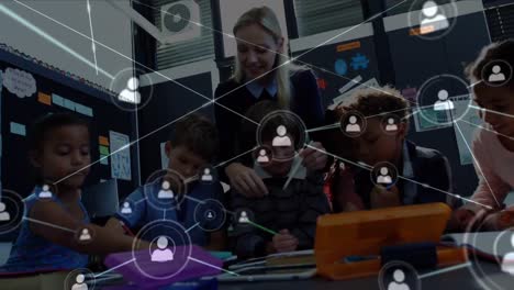 Animation-of-network-of-connections-over-teacher-and-school-children-with-tablet