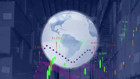 Animation-of-globe-and-digital-interface-with-data-processing-over-warehouse