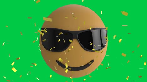 Animation-Des-Sonnenbrillen-Emoji-Symbols-über-Konfetti,-Das-Auf-Grünen-Hintergrund-Fällt