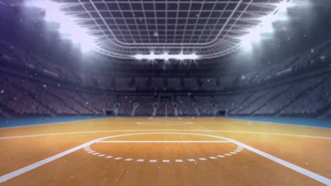 Animation-of-snow-falling-over-basketball-court-sports-stadium