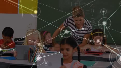 Animation-Des-Netzwerks-Von-Verbindungen-über-Lehrer-Und-Schulkinder-Mithilfe-Von-Tablets