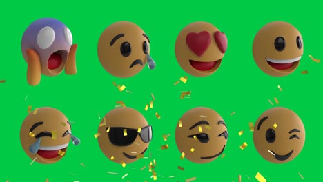 Animation-of-emojis-icons-over-confetti-falling-on-green-background