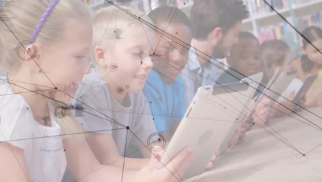 Animation-of-network-of-connections-over-teacher-and-school-children-using-tablets