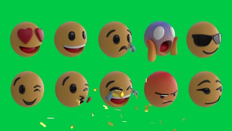 Animation-Von-Emojis-Symbolen-über-Konfetti,-Die-Auf-Grünen-Hintergrund-Fallen