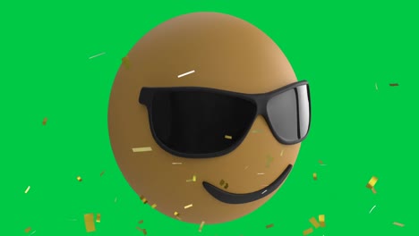Animation-of-sunglasses-emoji-icon-over-confetti-falling-on-green-background