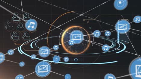 Netzwerk-Digitaler-Symbole-Gegen-Einen-Sich-Drehenden-Globus-über-Einem-Runden-Scanner-Auf-Schwarzem-Hintergrund