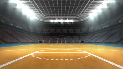 Animation-of-burning-layer-over-basketball-court-sports-stadium