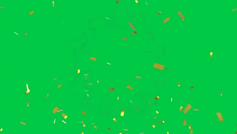 Animation-of-network-of-connections-over-confetti-falling-on-green-background