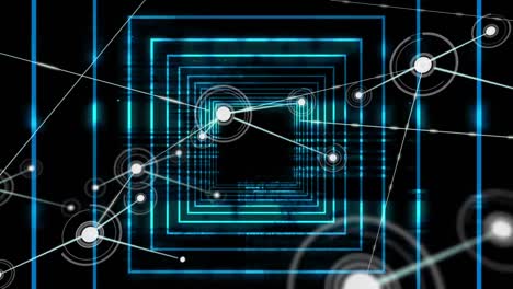 Digital-animation-of-network-of-connections-against-neon-blue-glowing-tunnel-on-black-background
