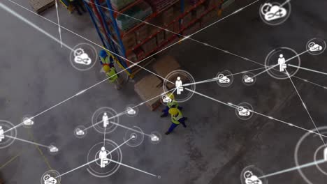 Animation-of-network-of-connections-with-icons-over-men-in-warehouse