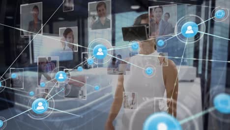 Animation-of-network-of-connections-with-icons-and-photographs-over-businesswoman-wearing-vr-headset
