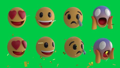Animación-De-Iconos-Emojis-Sobre-Confeti-Cayendo-Sobre-Fondo-Verde