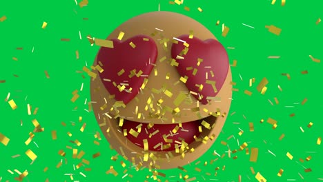 Animation-of-love-emoji-icon-over-confetti-falling-on-green-background