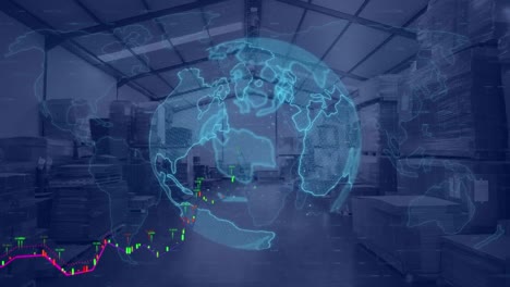Animation-of-globe-and-digital-interface-with-data-processing-over-warehouse