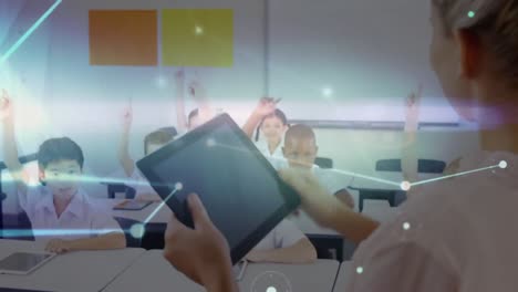 Animation-of-network-of-connections-over-teacher-and-school-children-using-tablet