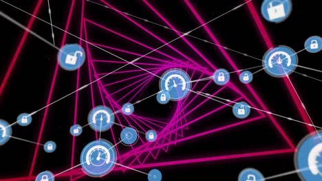 Digital-animation-of-network-of-digital-icons-against-neon-pink-glowing-tunnel-on-black-background
