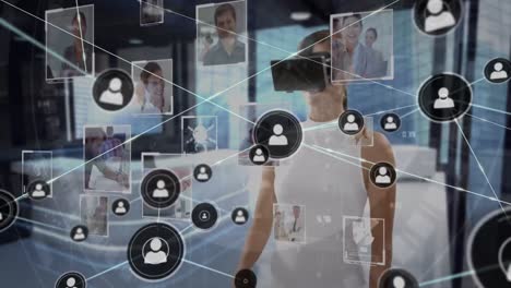 Animation-of-network-of-connections-with-icons-and-photographs-over-businesswoman-wearing-vr-headset