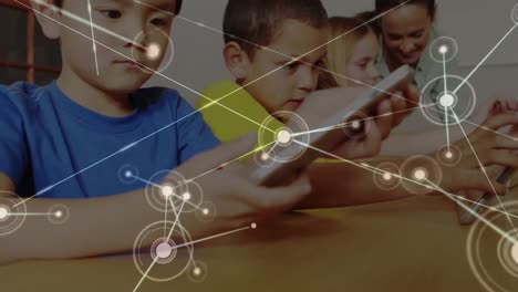 Animation-of-network-of-connections-over-teacher-and-school-children-using-tablets