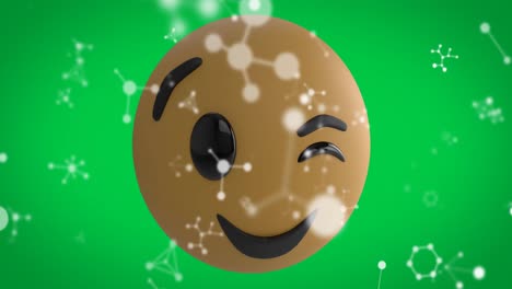 Animation-Des-Glücklichen-Emoji-Symbols-über-Fallenden-Verbindungen-Auf-Grünem-Hintergrund
