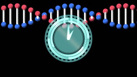 Animation-of-dna-strand-and-clock-over-black-background