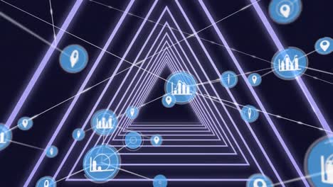 Netzwerk-Digitaler-Symbole-Vor-Neonblau-Leuchtendem-Dreieckigem-Tunnel-Auf-Schwarzem-Hintergrund