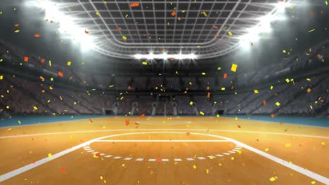 Animation-Von-Konfetti,-Die-über-Das-Basketballplatz-Sportstadion-Fallen