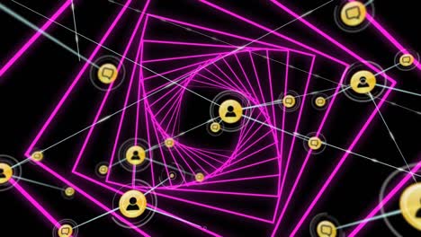 Digital-animation-of-network-of-profile-icons-against-neon-pink-glowing-tunnel-on-black-background