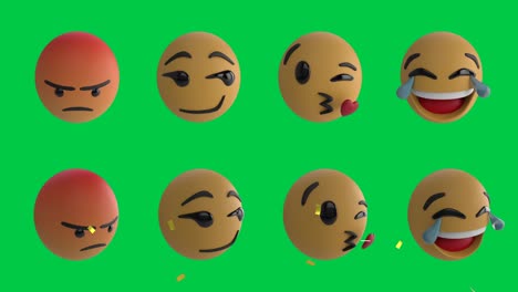 Animation-Von-Emojis-Symbolen-über-Konfetti,-Die-Auf-Grünen-Hintergrund-Fallen