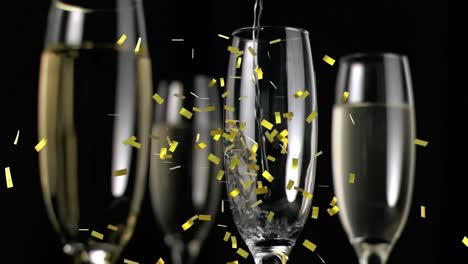 Animation-of-confetti-falling-over-glasses-of-champagne-on-black-background