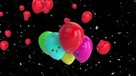 Animation-Von-Fliegenden-Bunten-Luftballons-Und-Konfetti,-Die-Auf-Schwarzen-Hintergrund-Fallen