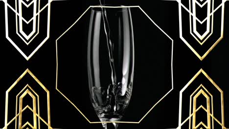Animation-of-gold-pattern-over-glass-of-champagne-on-black-background