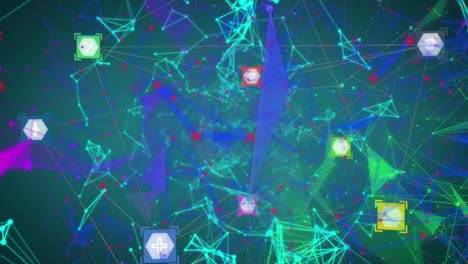 Animation-of-networks-of-connections-with-icons-over-green-background