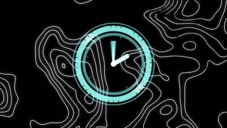 Animation-of-moving-white-lines-and-clock-over-black-background