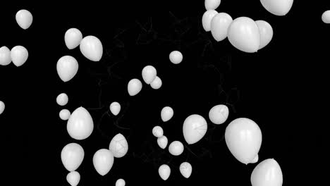 Animation-of-flying-white-balloons-and-moving-network-of-connections-over-black-background