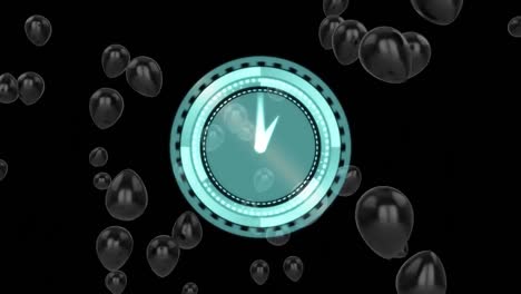 Animation-of-flying-balloons-and-clock-over-black-background