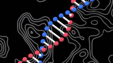 Animation-of-spinning-dna-strand-and-moving-white-lines-over-black-background