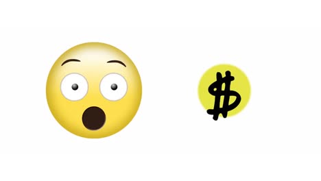 Animation-Von-überraschten-Emoji--Und-Dollar-Social-Media-Emoji-Symbolen-Auf-Weißem-Hintergrund