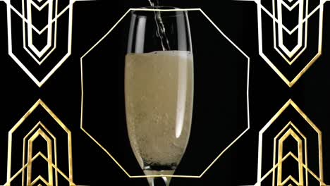 Animation-of-gold-pattern-over-glass-of-champagne-on-black-background
