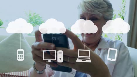 Animation-of-clouds-and-digital-icons-over-woman-using-smartphone