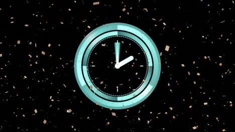 Animation-of-falling-confetti-and-clock-over-black-background