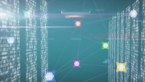 Animation-Von-Verbindungsnetzwerken-Mit-Symbolen-Und-Computerservern-Auf-Grünem-Hintergrund
