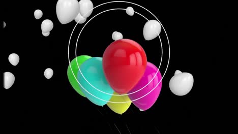 Animation-of-balloons-flying-and-circles-over-black-background