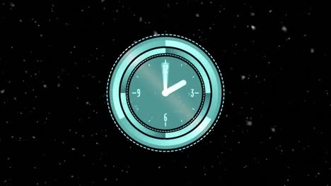 Animation-of-moving-white-spots-and-clock-over-black-background