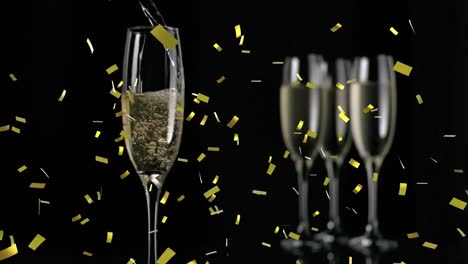 Animation-of-gold-confetti-falling-over-glasses-of-champagne-on-black-background