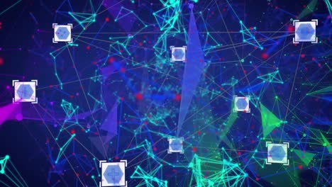 Animation-Von-Verbindungsnetzwerken-Mit-Prozessorsymbolen-Auf-Blauem-Hintergrund